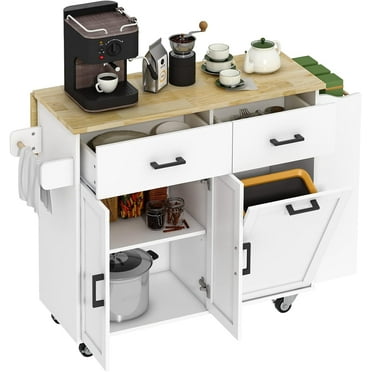 Frmobepts Rolling Kitchen Island with Drop Leaf, Tilt Out Kitchen Trash Cabinet 10 Gallon Storage, Kitchen Cart Island with Rubber wood Top, Spice Rack and Drawers,White