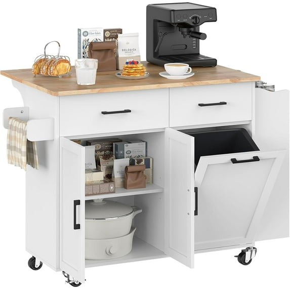 Frmobepts Rolling Kitchen Island with Drop Leaf, Tilt Out Kitchen Trash Cabinet 10 Gallon Storage, Kitchen Cart Island with Rubber wood Top, Spice Rack and Drawers,White