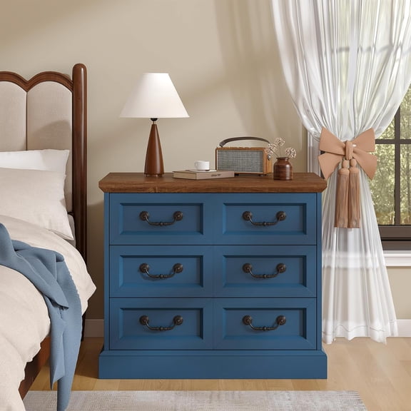 Frmobepts Rustic 3 Drawers Nightstand with Charging Station, 27.6" Wide Wood Farmhouse Night Stand with Drawers for Bedroom, Living Room, Blue