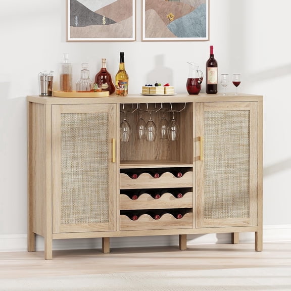 Frmobepts Sideboard Storage Cabinet, Rattan Buffet Cabinet with Doors and Adjustable Shelf, Boho Kitchen Sideboard Cupboard, Accent Cabinet for Living Room, Hallway, Oak