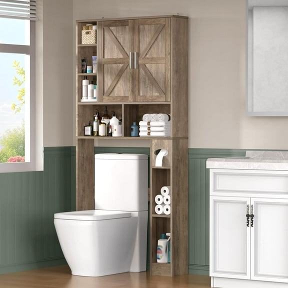 Frmobepts Over The Toilet Storage Cabinet with Toilet Paper Holder Stand, Above Toilet Organizer with Doors, Behind Toilet Shelf for Restroom, Bathroom, Laundry, Grey