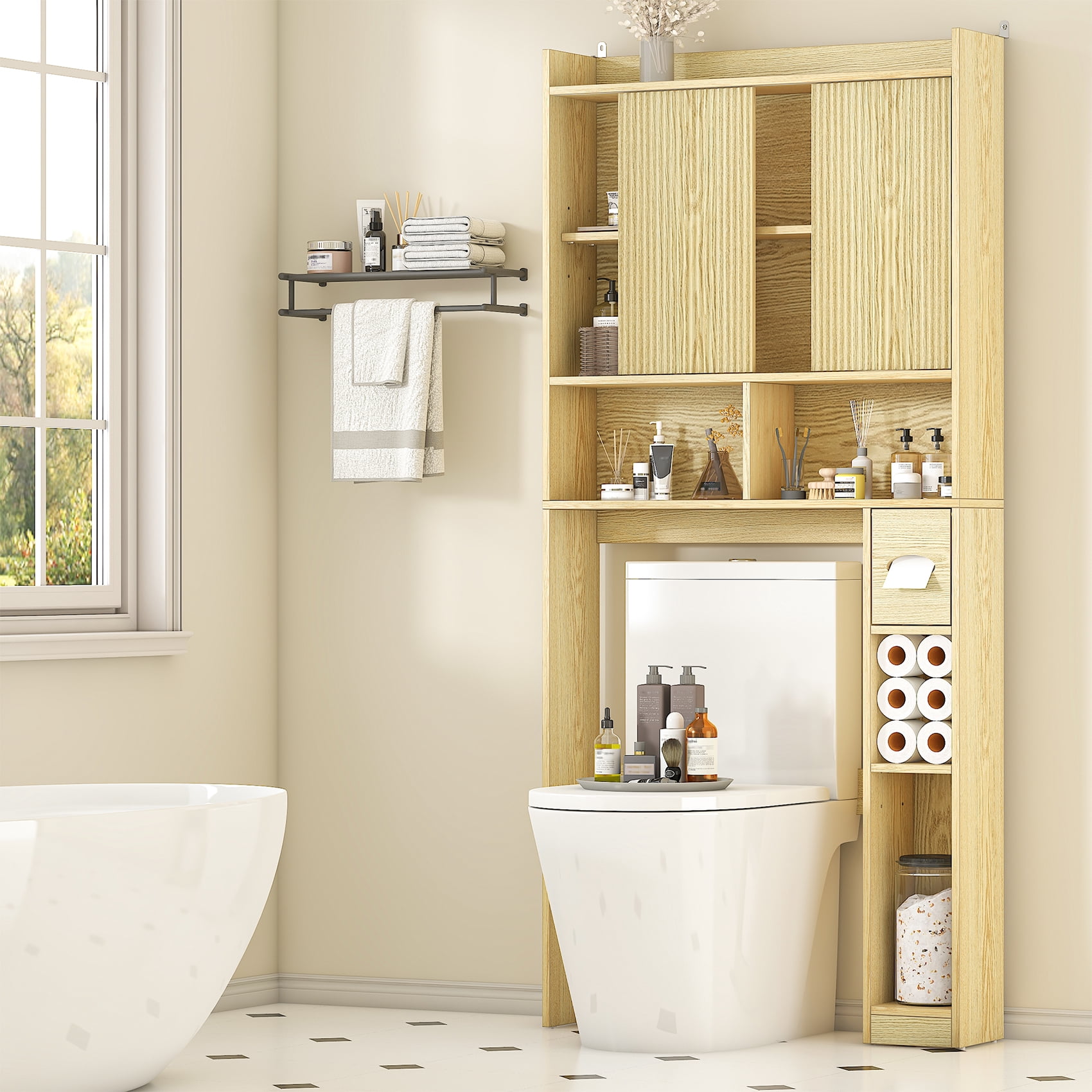Frmobepts Over The Toilet Storage Cabinet with Toilet Paper Holder Stand, Above Toilet Organizer with Doors, Behind Toilet Shelf for Restroom, Bathroom, Laundry, Oak