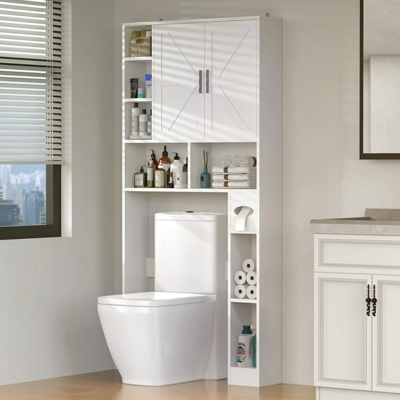 Frmobepts Over The Toilet Storage Cabinet with Toilet Paper Holder Stand, Above Toilet Organizer with Doors, Behind Toilet Shelf for Restroom, Bathroom, Laundry, White