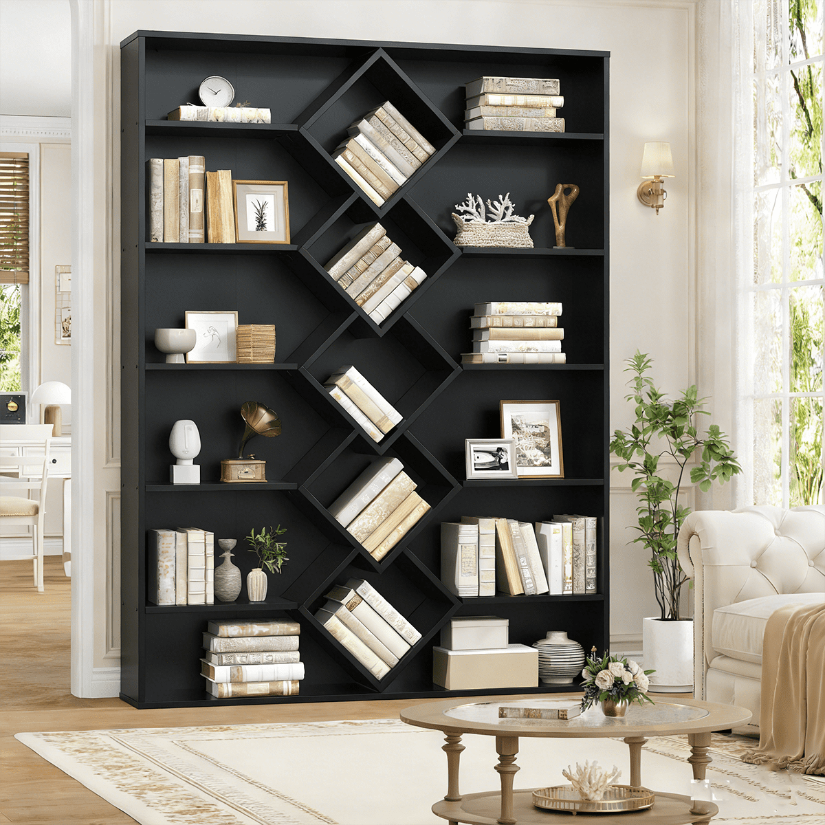 Frmobepts Triple Row 6-tier Bookshelf, 71 in Tall Bookshelf with 17 Open Display Shelves, Large Bookcase for Office Living Room, Black