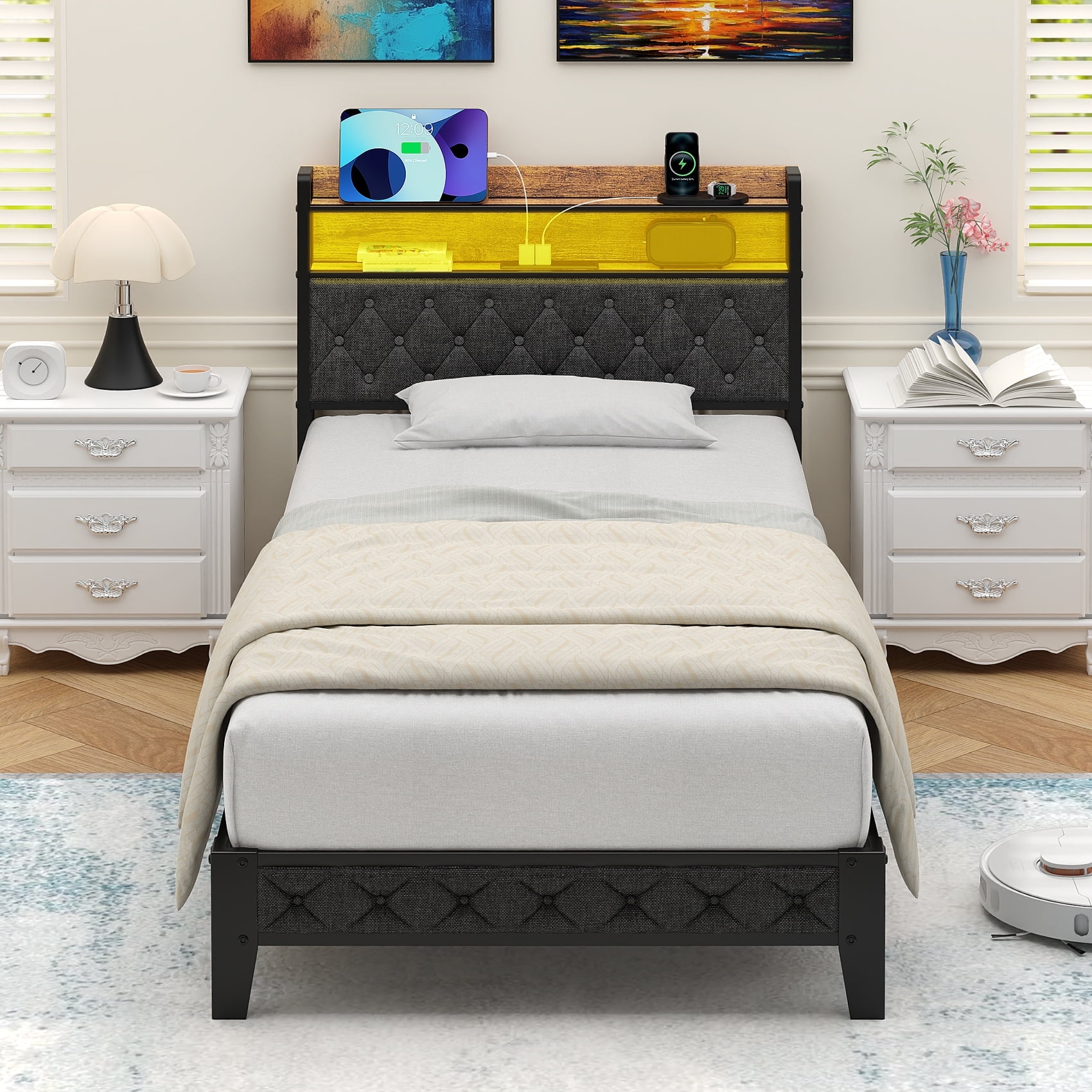 Frmobepts Twin Bed Frame with LED Light, Power Outlets & USB Charging Port, Upholstered Headboard with Storage, Metal Platform Bed, Gray