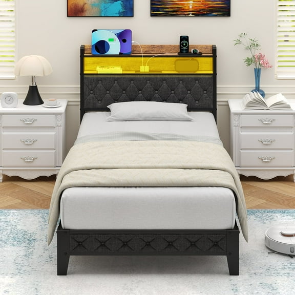 Frmobepts Twin Bed Frame with LED Light, Power Outlets & USB Charging Port, Upholstered Headboard with Storage, Metal Platform Bed, Gray