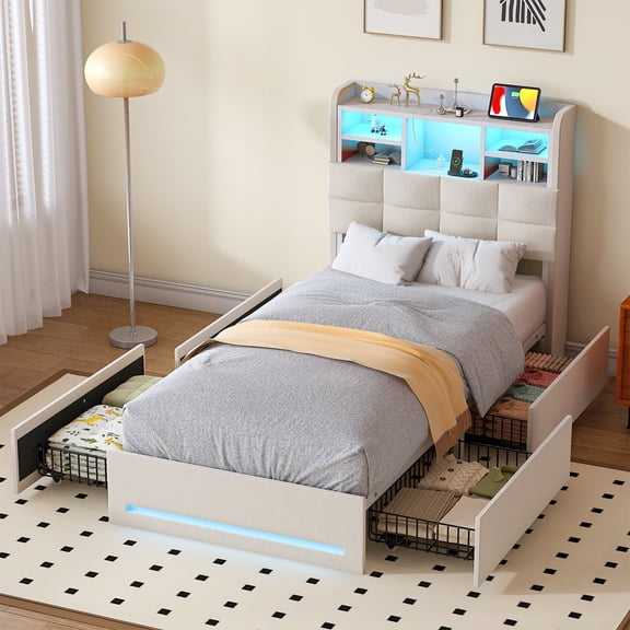 Frmobepts Twin Size Velvet Upholstered Bed with LED Lights & 4 Drawers, Storage Headboard Platform Bed Frame with USB Ports & Outlets, ,No Box Spring Needed,White