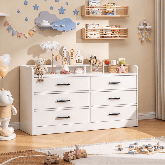 Frmobepts White Dresser, Chest of Drawers, Modern 6 Drawer Double Dressers with Deep Drawers, Wide Storage Organizer Cabinet for Living Room, Hallway
