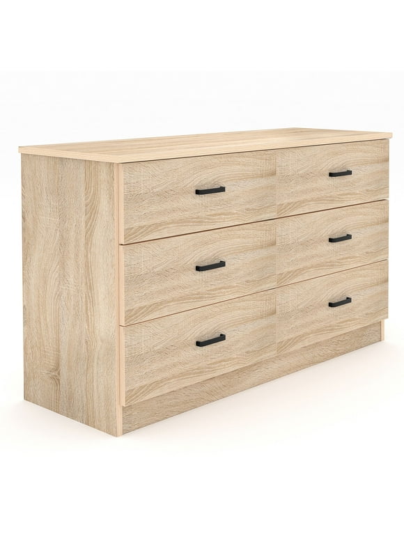Frmobepts Wood Dresser for Bedroom, 6 Drawer Dresser, 15.8" D x 47.2" W x 27.7" H, Light Oak