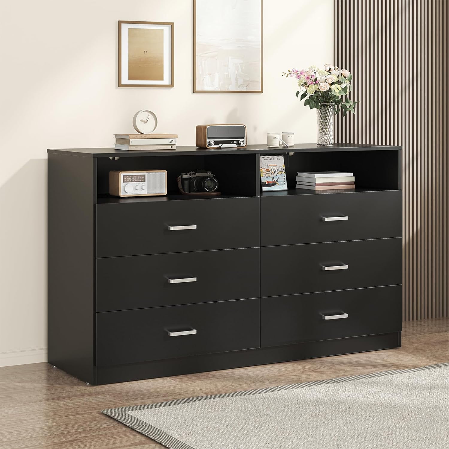 Frmobepts Wood Dresser for Bedroom, 6 Drawer Dresser with Open Storage Cubby,Black