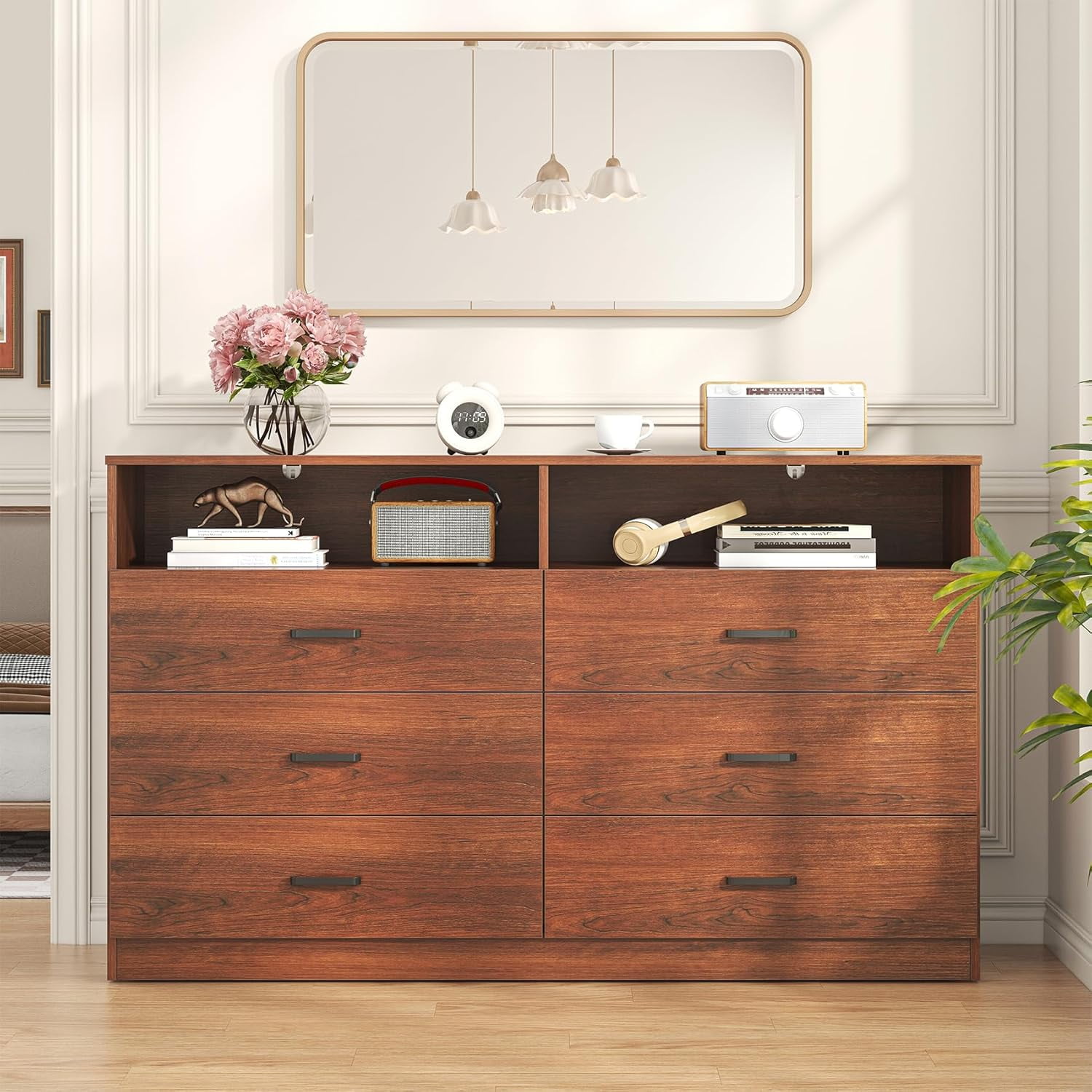 Frmobepts Wood Dresser for Bedroom, 6 Drawer Dresser with Open Storage Cubby,Brown