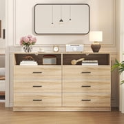 Frmobepts Wood Dresser for Bedroom, 6 Drawer Dresser with Open Storage Cubby, Light Oak