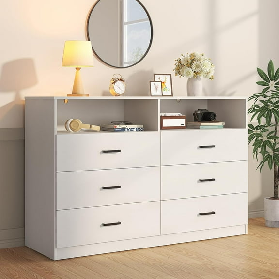 Frmobepts Wood Dresser for Bedroom, 6 Drawer Dresser with Open Storage Cubby,White