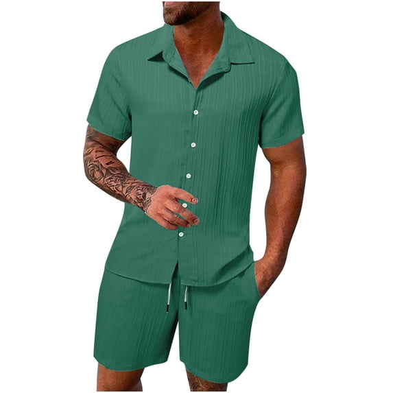 Frnrwgo 2 Piece Casual Set for Men Short Sleeve Button Down Shirts and Elastic Waist Drawstring Shorts Breathable Lightweight Summer Beach Outfits