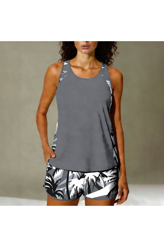 2PC Summer Swimsuits for Women, Round Neck Fashion Strap Tankini Sets, Solid Color Off-Shoulder Swimwear