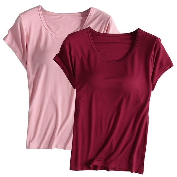 Frnrwgo 2PC Womens Pajama Tops with Built-in Bra, Crew Neck Short Sleeve Homewear, Casual Solid Color Cozy Sleepwear for Spring Summer