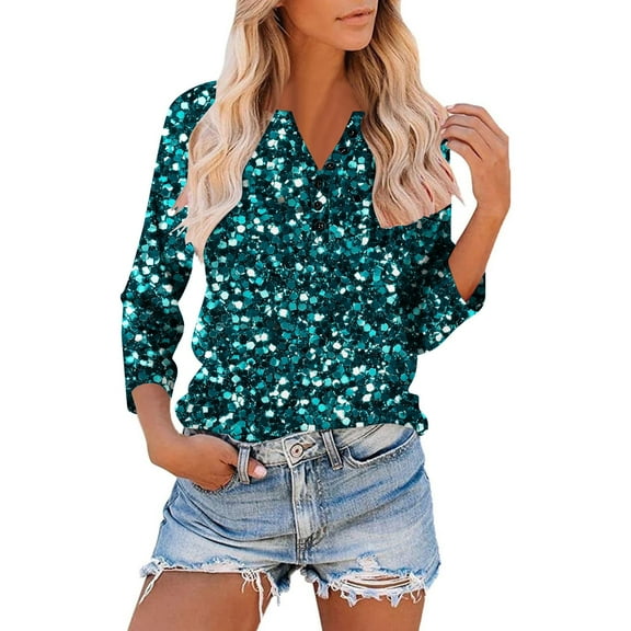 Frnrwgo 3/4 Length Sleeve Womens Tops Sequins Comfort Pullover Slim Fit Button V-Neck Spring Casual T-shirt