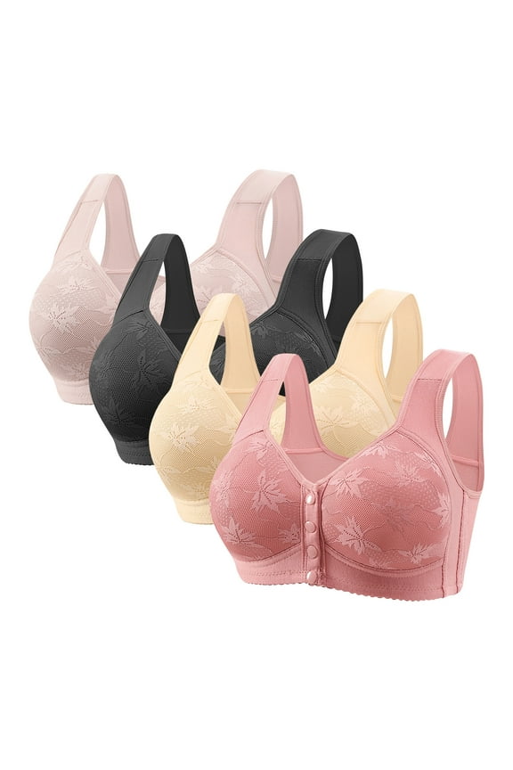 4PC Womens Bras, Front Closure Adjustable Lace Bralettes, Non Wire Comfy Bras for Women