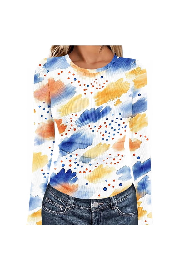 Blouses for Women Long Sleeve Slim Fit Cozy Print Pullover Crewneck Elegant Tops for Spring