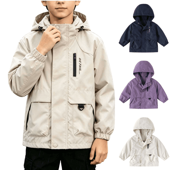 Frnrwgo Boys 2-12Y Hooded Windbreaker Jacket Zip Up Waterproof Casual Outdoor Coat with Elastic Cuffs