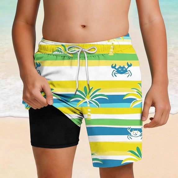 Frnrwgo Boys Beach Shorts 2 Layer Printed Loose Pockets Elastic Drawstring Summer Swim Shorts