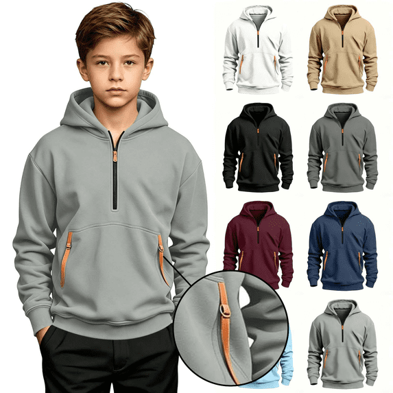 Frnrwgo Boys Hoodie 5-15Y Fleece Lined Half Zip Heavyweight Pullover Sweatshirt for Fall Winter