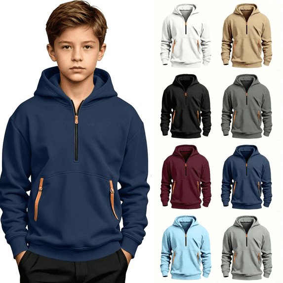 Frnrwgo Boys Hoodie 5-15Y Fleece Lined Half Zip Heavyweight Pullover Sweatshirt for Fall Winter