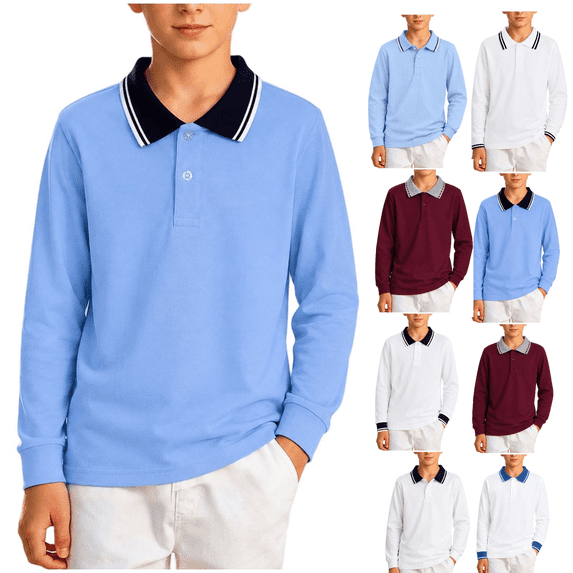 Frnrwgo Boys Long Sleeve Shirt 2-15Y Pique Cotton Casual Collar Top for School Daily