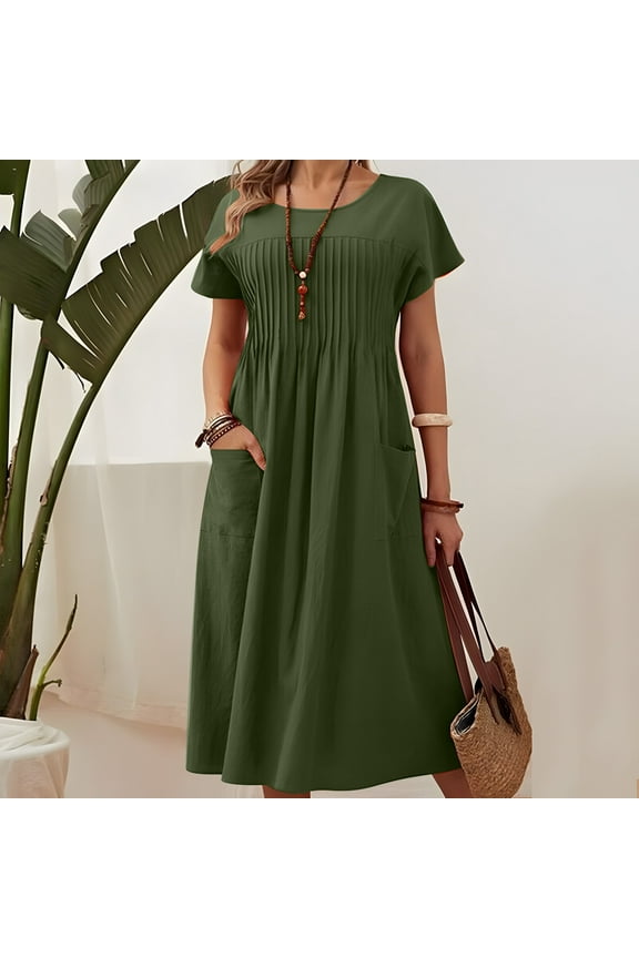 Casual Dresses for Women Vacation Relaxed-Fit Summer Clothes with Pockets Breathable Stylish Solid Color Comfortable Cotton-Linen Short Sleeve Crew Neck