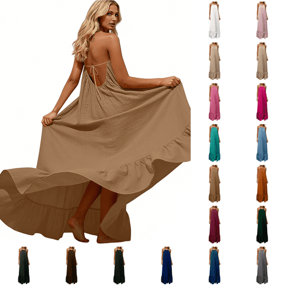 Frnrwgo Casual Dresses for Women 2026 Breathable Cotton-Linen Vacation Summer Clothes Loose Fit Solid Color Sleeveless Backless Comfort Dress