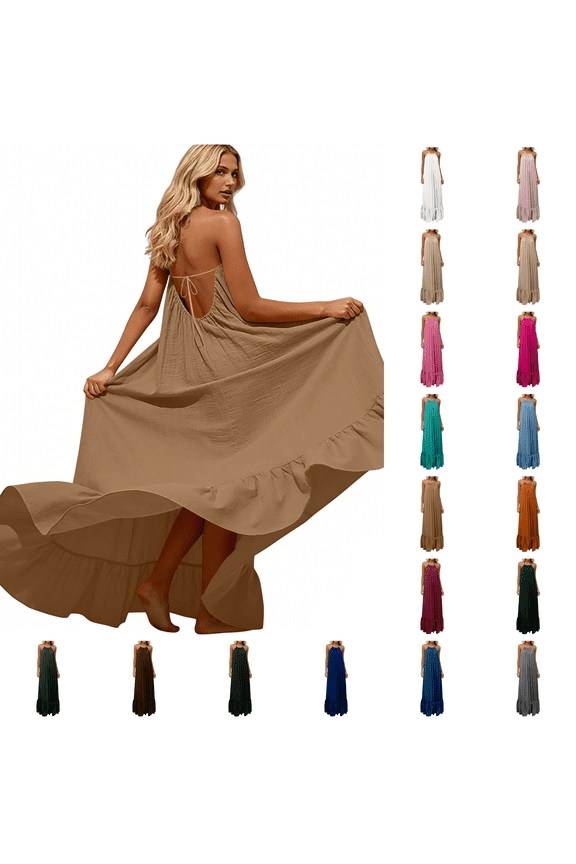 Casual Dresses for Women 2026 Breathable Cotton-Linen Vacation Summer Clothes Loose Fit Solid Color Sleeveless Backless Comfort Dress