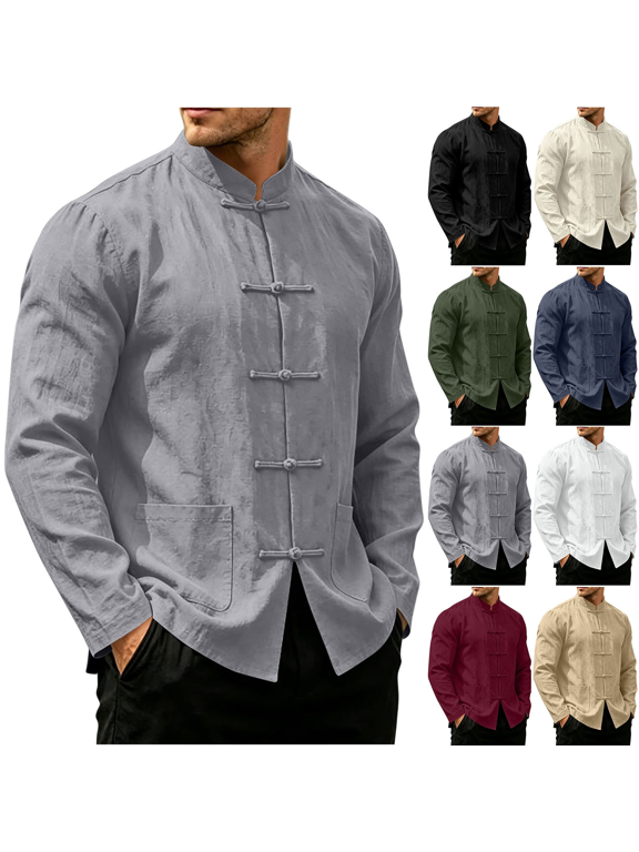 Cotton Linen Shirts for Men Stand Collar Knot Front Two Pockets Loose Fit Solid Color Long Sleeve Casual Top