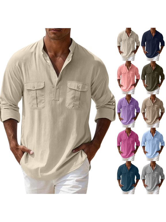 Cotton Shirts for Men Half Button Long Sleeve Two Chest Pockets Breathable Solid Color Top for Daily Business