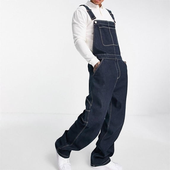 Frnrwgo Denim Bib Overalls Long Pants for Men Loose Fit Wide Leg Cargo Work Pockets Dark Blue