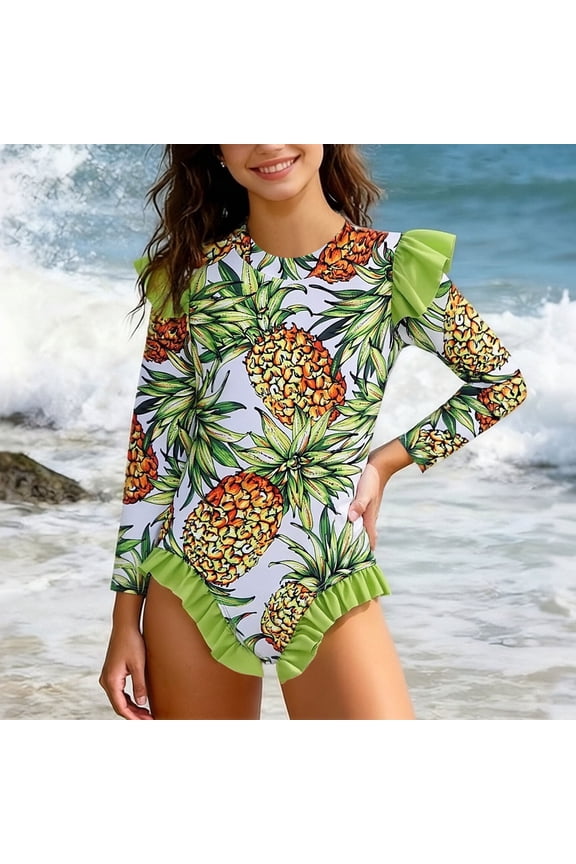 Girls Bathing Suit Pineapple Point Swimsuit Long Sleeve Ruffle One Piece Swimwear Size 2-12 Years