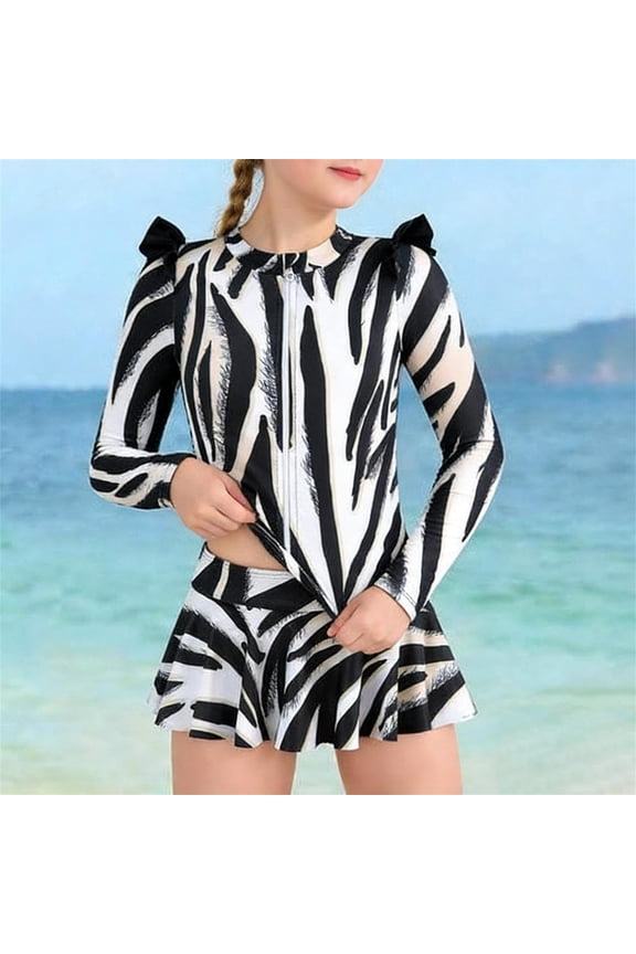 Girls Full Coverage Modest Swimsuit Ruffle Long Fly Sleeve Zipper Bathing Suit Two Piece Swimwear Size 2-12 Years