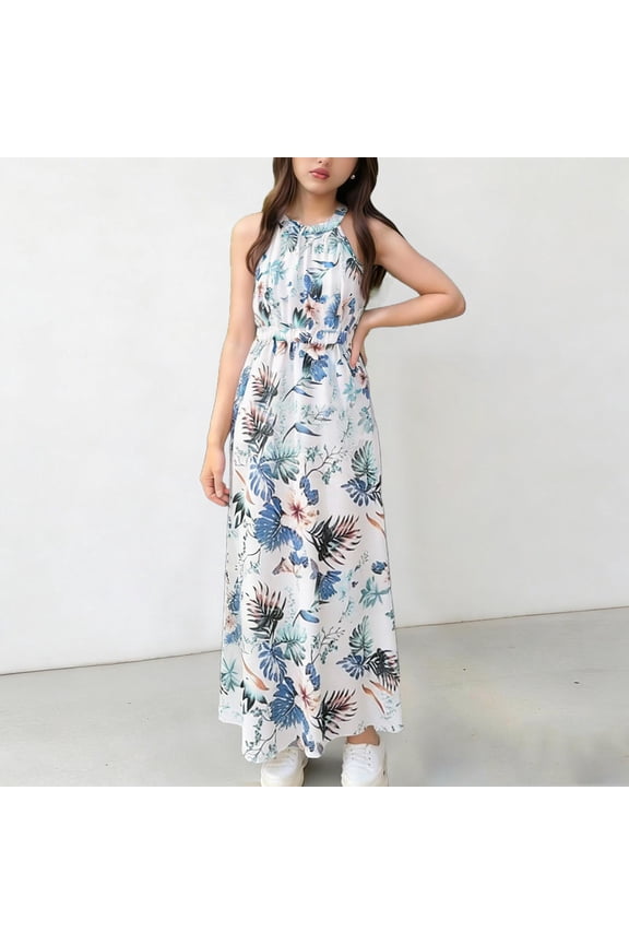 Girls Maxi Dress Halter Sleeveless Floral Print Waisted Summer Trendy Vacation Dress Size 8-12Y