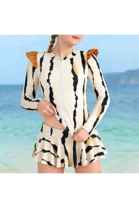 Girls Rashguard Swimsuit Long Fly Sleeve Ruffle Zipper Bathing Suit Two Piece Swimwear Size 2-12 Years