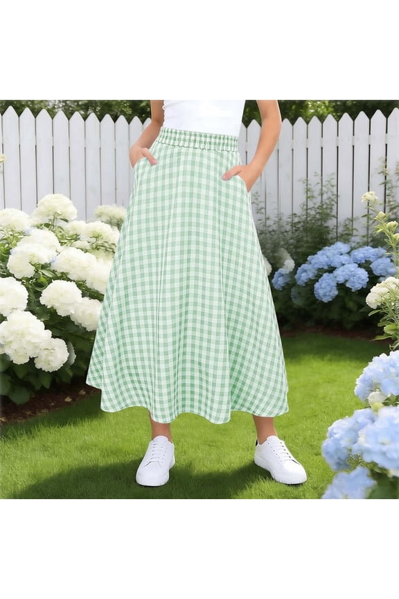 Girls Summer Skirts Elastic Waisted Grid Soft Cozy Vacation Maxi Skirts with Pockets Size 5-15Y