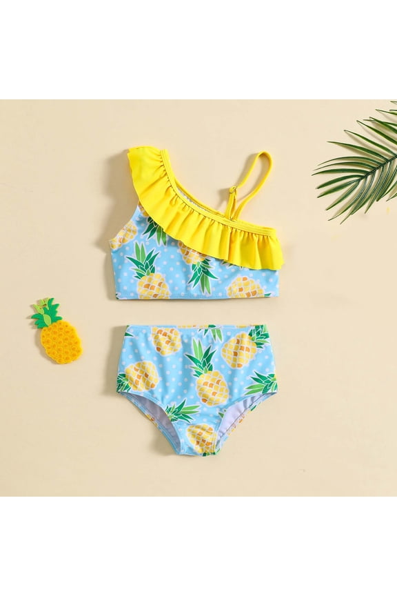 Girls Two Piece Swimsuit Ruffle Trim Pineapple Point Adjustable Straps Swimwear Cute Bathing Suit Size 18 Months -7 Years
