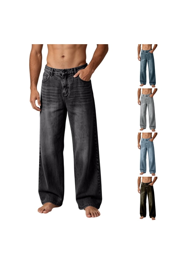 Jeans for Men Loose Fit Wide Leg Drawstring Elastic Waist Retro Casual Denim Pants