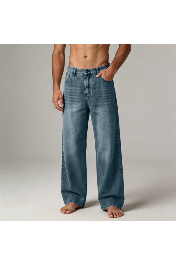 Jeans for Men Loose Fit Wide Leg Drawstring Elastic Waist Retro Casual Denim Pants