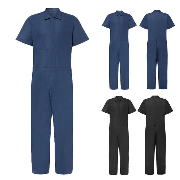 Frnrwgo Jumpsuit Set for Men Solid Color Short Sleeve Zip Front Breathable Lightweight Summer Workwear