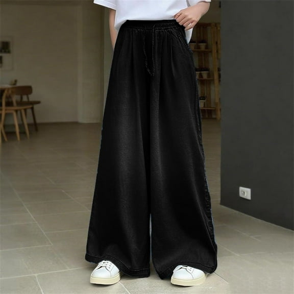 Frnrwgo Kid Girls Jeans Pants Fitness Trendy Loose Fit Long Trousers Elastic Waist Solid Color Outdoor Denim Pants