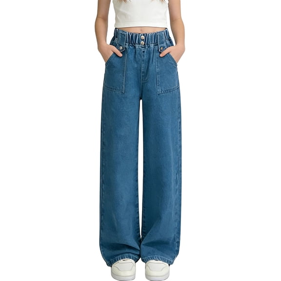 Frnrwgo Kid Girls Jeans Pants Outdoor Casual Elastic Waist Long Trousers Comfortable Solid Color Loose Fit Denim Pants