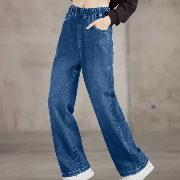 Frnrwgo Kid Girls Jeans Pants Solid Color Loose Fit Long Trousers Outdoor Soft Casual Elastic Waist Denim Pants