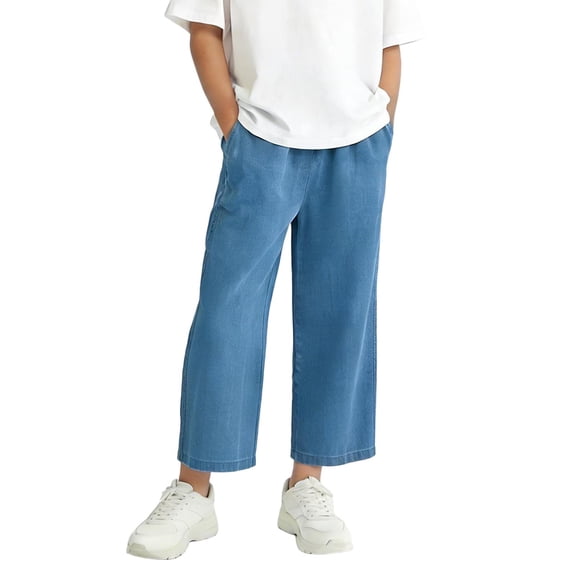 Frnrwgo Kid Jeans for Girls Fashion Baggy Outdoor Denim Pants Elastic Waist Cozy Solid Color Long Trousers