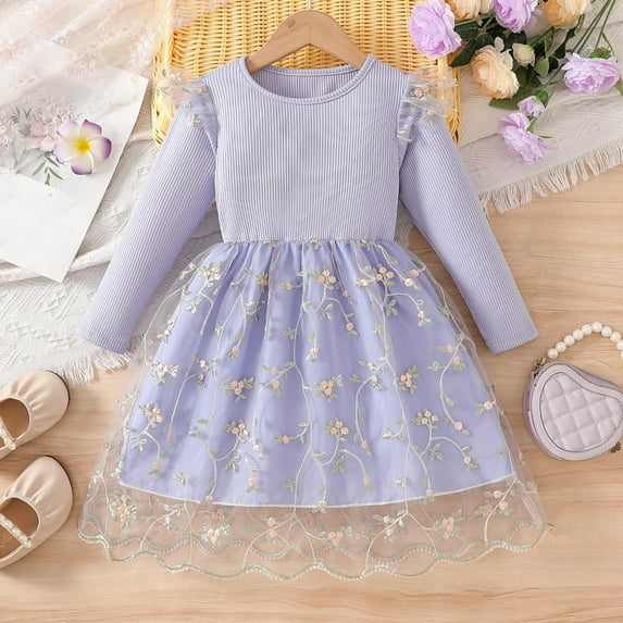 Frnrwgo Kids Girls Long Flutter Sleeve Dresses, Mesh Embroidery Long Sleeve Dress, Fashionable Round Neck Princess Gown