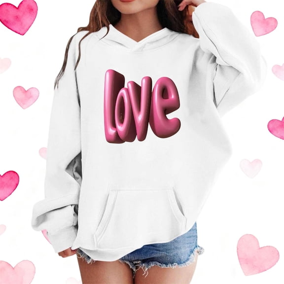 Frnrwgo Kids Girls Sweatshirts Heart Print Round Neck Lined Outerwear Pullover Long Sleeve Casual Hooded Sweatshirt for Spring