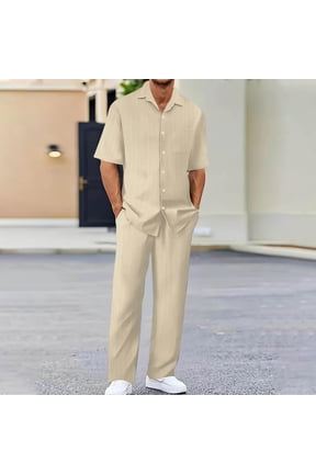 Men's 2 Piece Casual Set Short Sleeve Lapel Shirts and Drawstring Elastic Waist Pants Quick Dry Breathable Summer Outfits